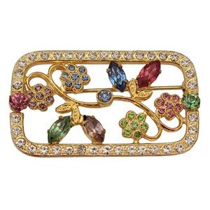 Czech Gold Tone Rectangle Open Flower Leaf Vine Brooch Pin E783
